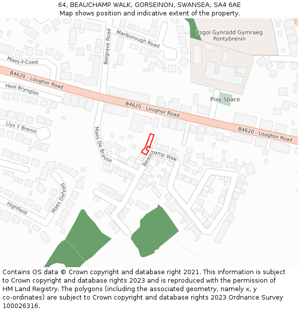 64, BEAUCHAMP WALK, GORSEINON, SWANSEA, SA4 6AE: Location map and indicative extent of plot