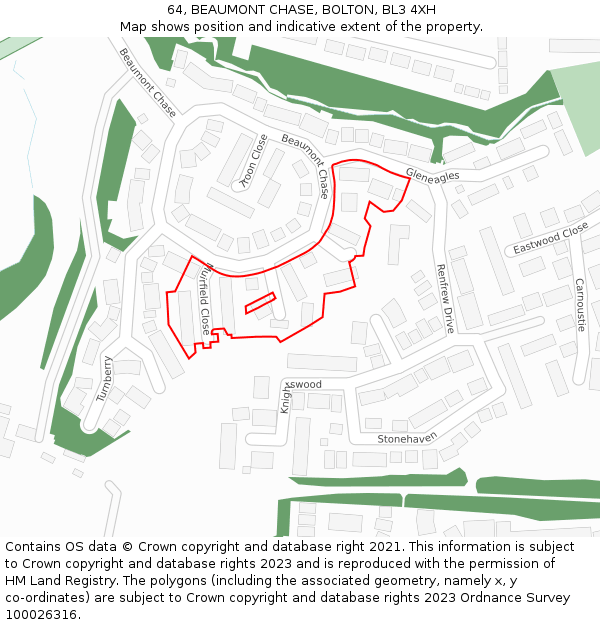 64, BEAUMONT CHASE, BOLTON, BL3 4XH: Location map and indicative extent of plot