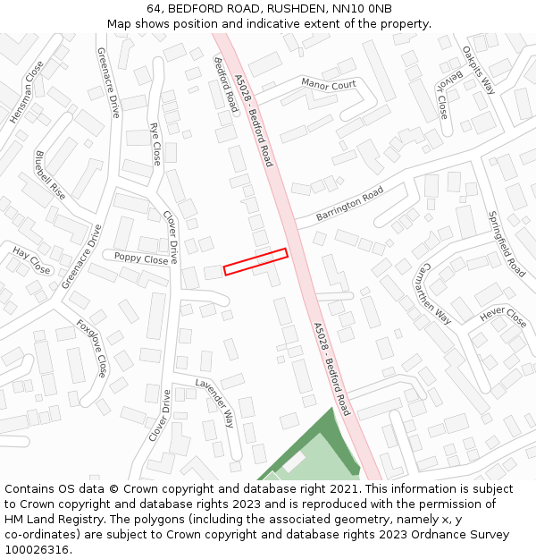 64, BEDFORD ROAD, RUSHDEN, NN10 0NB: Location map and indicative extent of plot