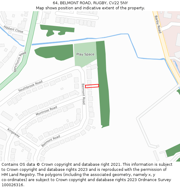 64, BELMONT ROAD, RUGBY, CV22 5NY: Location map and indicative extent of plot