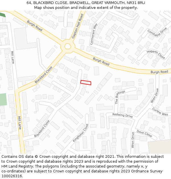 64, BLACKBIRD CLOSE, BRADWELL, GREAT YARMOUTH, NR31 8RU: Location map and indicative extent of plot