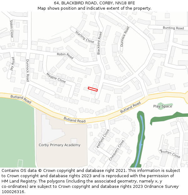 64, BLACKBIRD ROAD, CORBY, NN18 8FE: Location map and indicative extent of plot