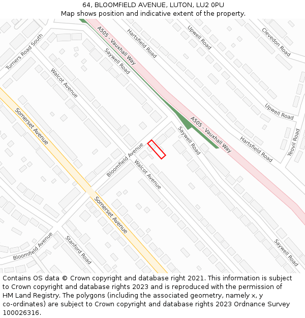 64, BLOOMFIELD AVENUE, LUTON, LU2 0PU: Location map and indicative extent of plot