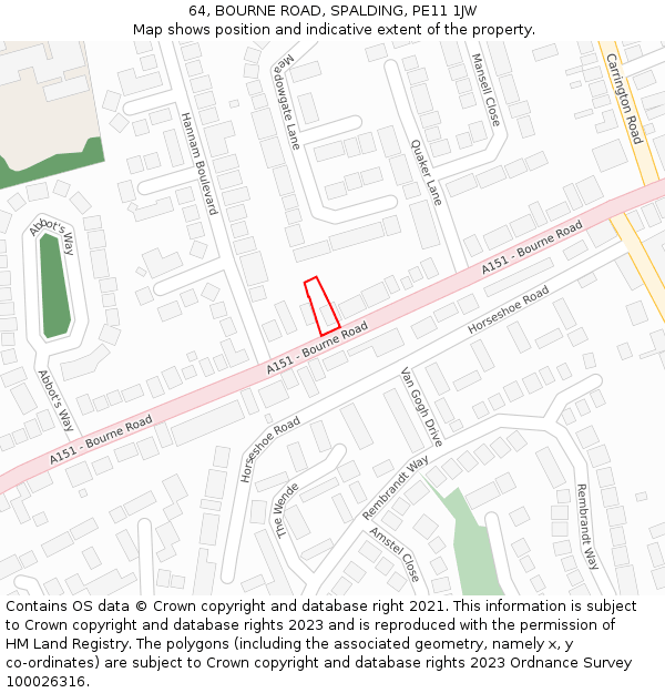64, BOURNE ROAD, SPALDING, PE11 1JW: Location map and indicative extent of plot