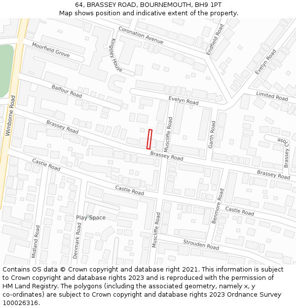 64, BRASSEY ROAD, BOURNEMOUTH, BH9 1PT: Location map and indicative extent of plot