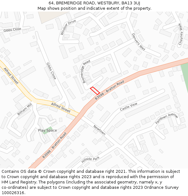 64, BREMERIDGE ROAD, WESTBURY, BA13 3UJ: Location map and indicative extent of plot