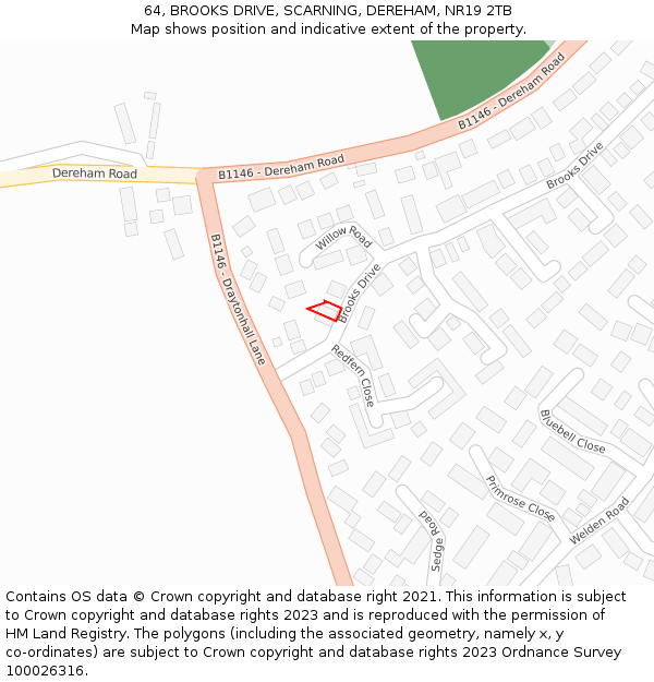 64, BROOKS DRIVE, SCARNING, DEREHAM, NR19 2TB: Location map and indicative extent of plot