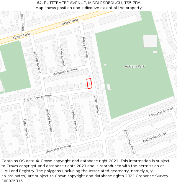 64, BUTTERMERE AVENUE, MIDDLESBROUGH, TS5 7BA: Location map and indicative extent of plot