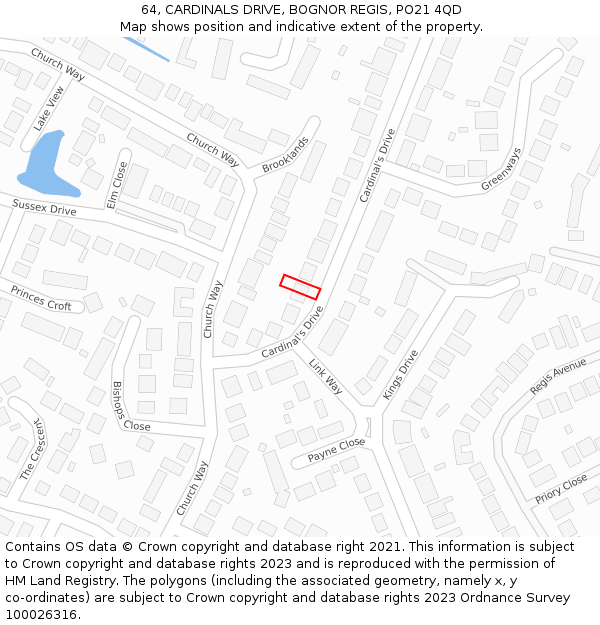 64, CARDINALS DRIVE, BOGNOR REGIS, PO21 4QD: Location map and indicative extent of plot