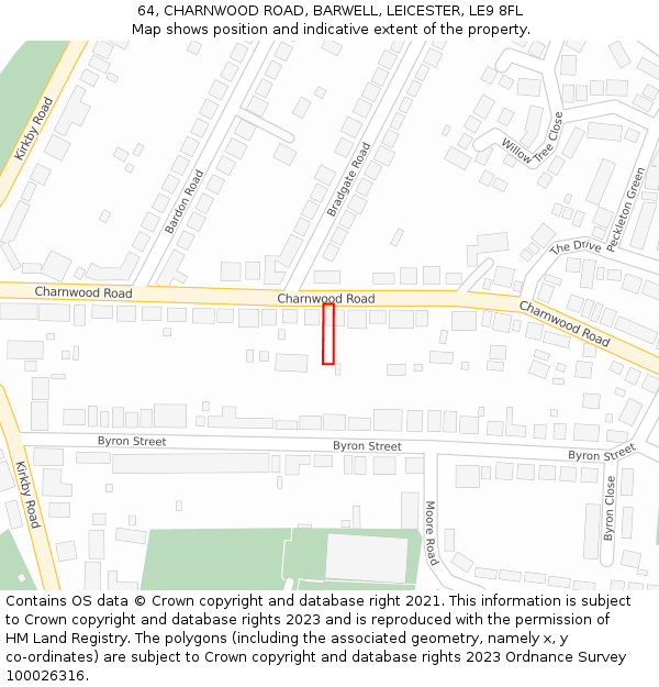 64, CHARNWOOD ROAD, BARWELL, LEICESTER, LE9 8FL: Location map and indicative extent of plot