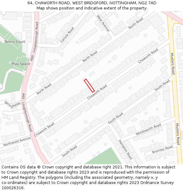 64, CHAWORTH ROAD, WEST BRIDGFORD, NOTTINGHAM, NG2 7AD: Location map and indicative extent of plot