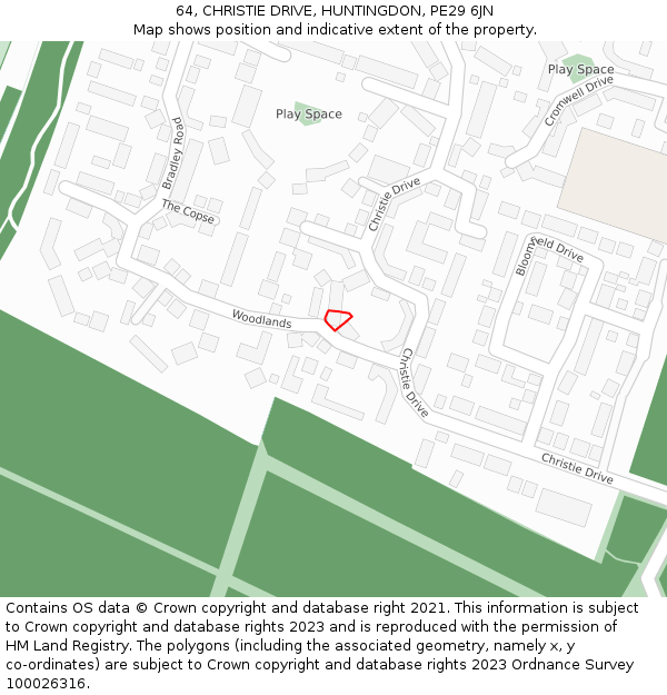 64, CHRISTIE DRIVE, HUNTINGDON, PE29 6JN: Location map and indicative extent of plot