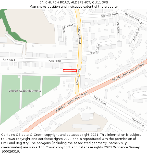 64, CHURCH ROAD, ALDERSHOT, GU11 3PS: Location map and indicative extent of plot