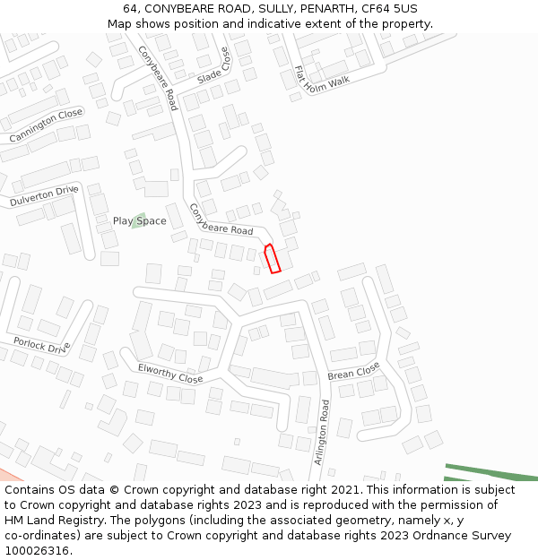 64, CONYBEARE ROAD, SULLY, PENARTH, CF64 5US: Location map and indicative extent of plot