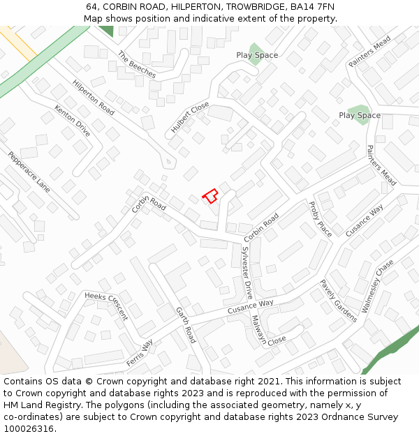 64, CORBIN ROAD, HILPERTON, TROWBRIDGE, BA14 7FN: Location map and indicative extent of plot