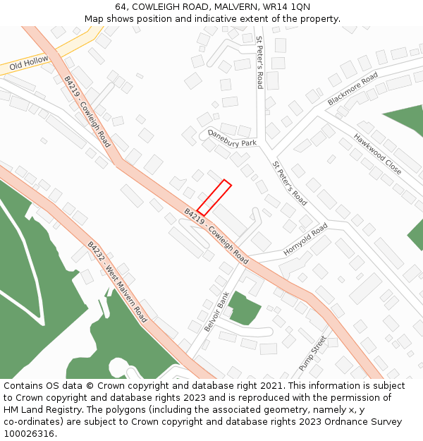 64, COWLEIGH ROAD, MALVERN, WR14 1QN: Location map and indicative extent of plot