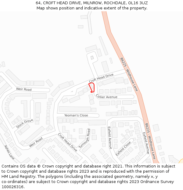 64, CROFT HEAD DRIVE, MILNROW, ROCHDALE, OL16 3UZ: Location map and indicative extent of plot