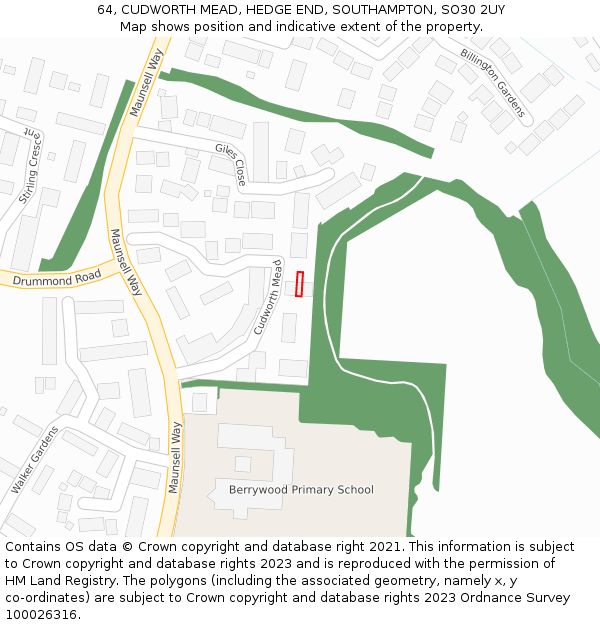 64, CUDWORTH MEAD, HEDGE END, SOUTHAMPTON, SO30 2UY: Location map and indicative extent of plot