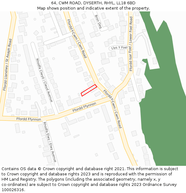 64, CWM ROAD, DYSERTH, RHYL, LL18 6BD: Location map and indicative extent of plot