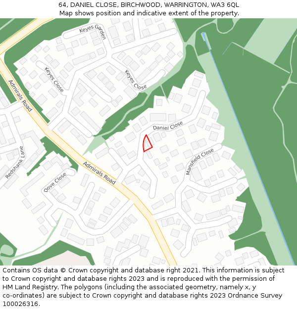 64, DANIEL CLOSE, BIRCHWOOD, WARRINGTON, WA3 6QL: Location map and indicative extent of plot