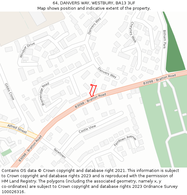 64, DANVERS WAY, WESTBURY, BA13 3UF: Location map and indicative extent of plot