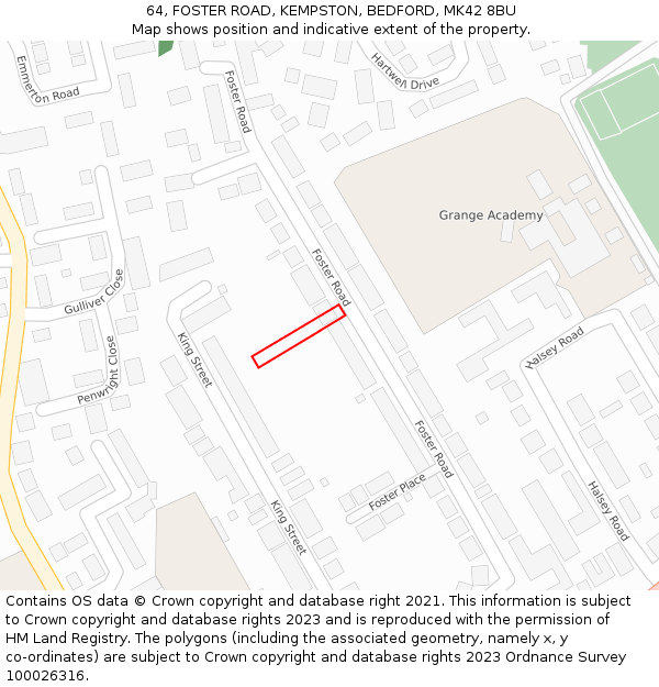 64, FOSTER ROAD, KEMPSTON, BEDFORD, MK42 8BU: Location map and indicative extent of plot