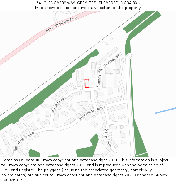 64, GLENGARRY WAY, GREYLEES, SLEAFORD, NG34 8XU: Location map and indicative extent of plot