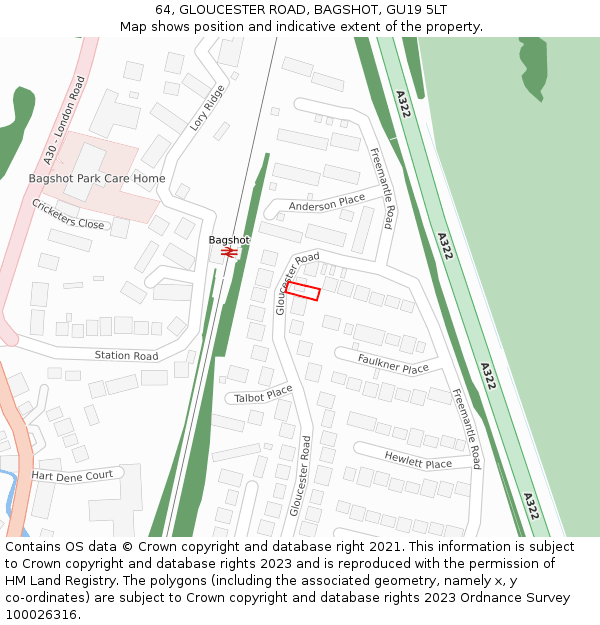 64, GLOUCESTER ROAD, BAGSHOT, GU19 5LT: Location map and indicative extent of plot