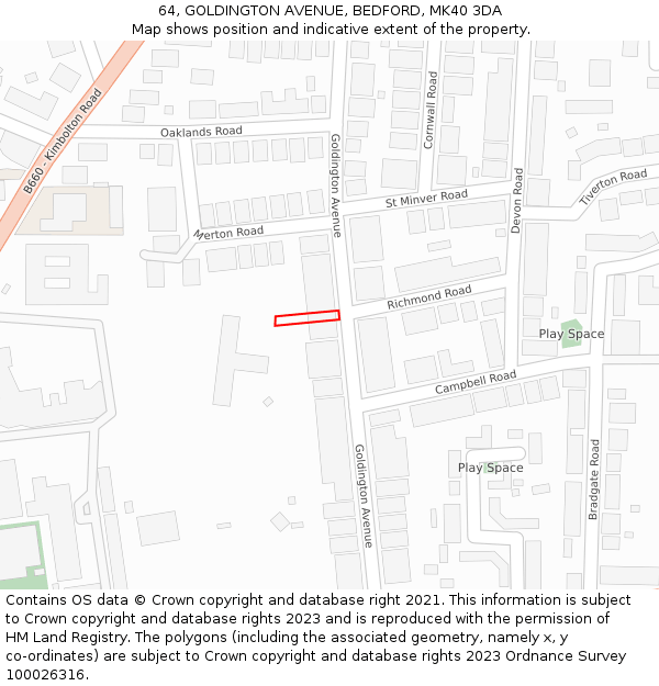 64, GOLDINGTON AVENUE, BEDFORD, MK40 3DA: Location map and indicative extent of plot