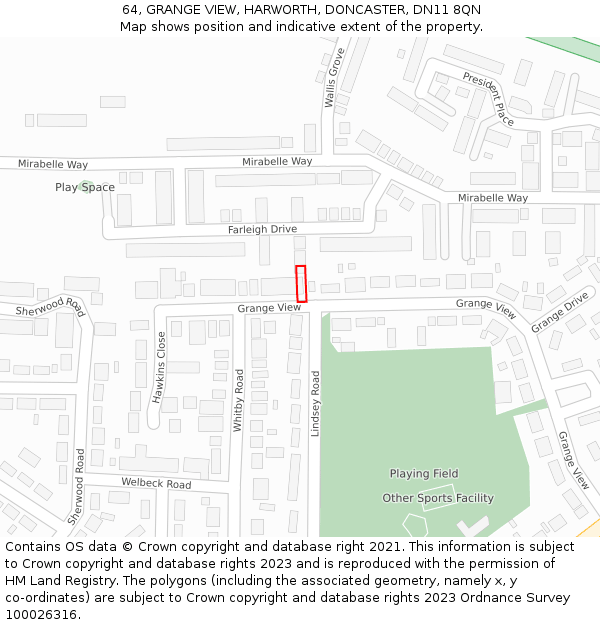 64, GRANGE VIEW, HARWORTH, DONCASTER, DN11 8QN: Location map and indicative extent of plot