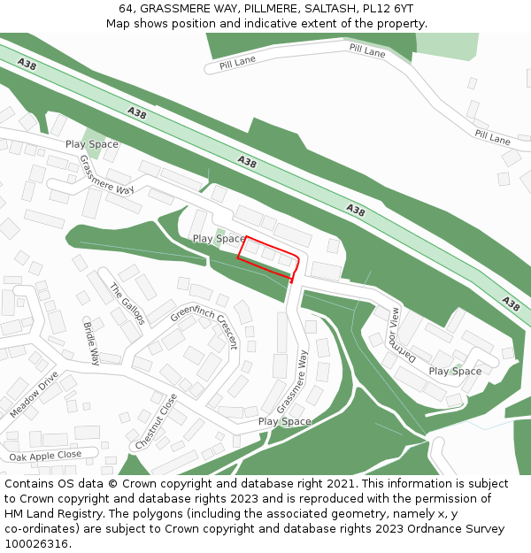 64, GRASSMERE WAY, PILLMERE, SALTASH, PL12 6YT: Location map and indicative extent of plot