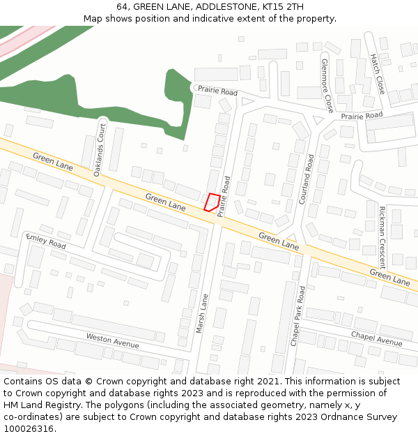 64, GREEN LANE, ADDLESTONE, KT15 2TH: Location map and indicative extent of plot