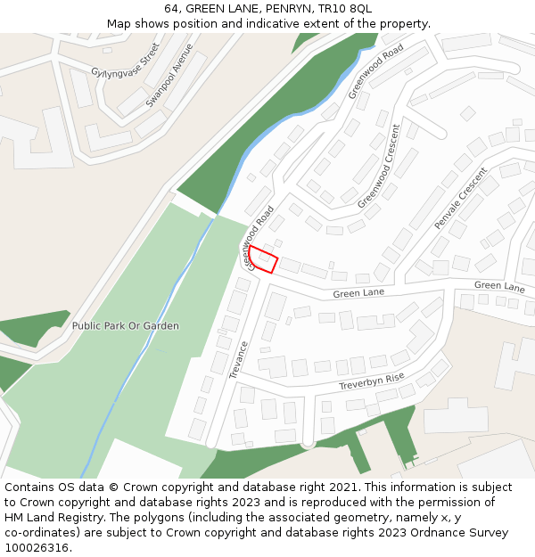 64, GREEN LANE, PENRYN, TR10 8QL: Location map and indicative extent of plot