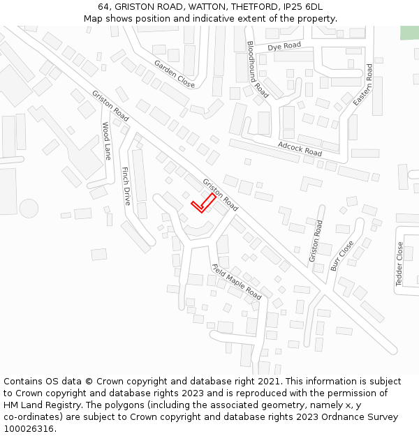 64, GRISTON ROAD, WATTON, THETFORD, IP25 6DL: Location map and indicative extent of plot