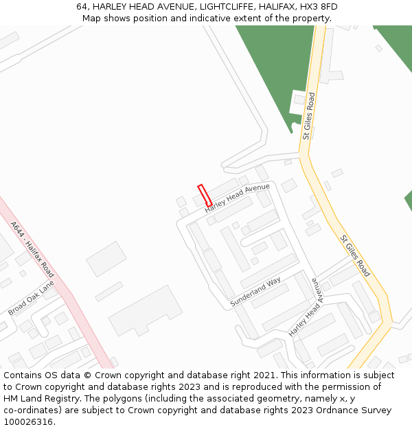 64, HARLEY HEAD AVENUE, LIGHTCLIFFE, HALIFAX, HX3 8FD: Location map and indicative extent of plot