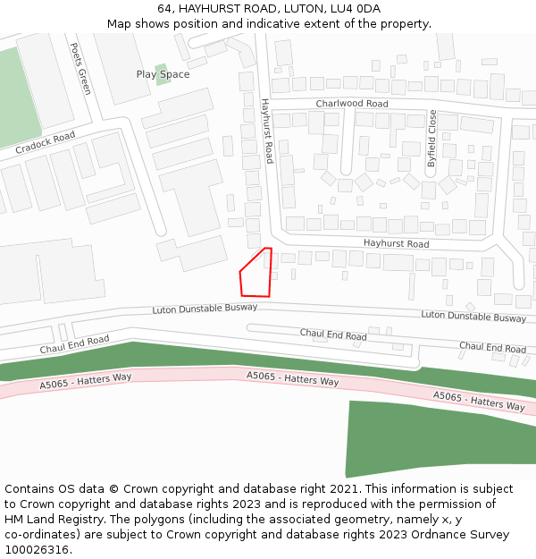 64, HAYHURST ROAD, LUTON, LU4 0DA: Location map and indicative extent of plot