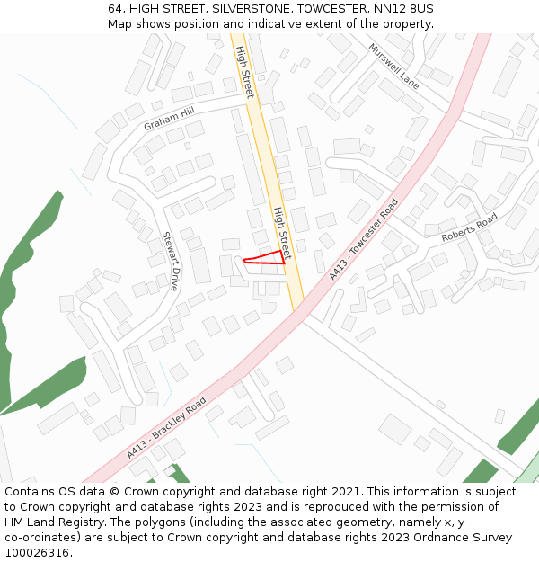 64, HIGH STREET, SILVERSTONE, TOWCESTER, NN12 8US: Location map and indicative extent of plot