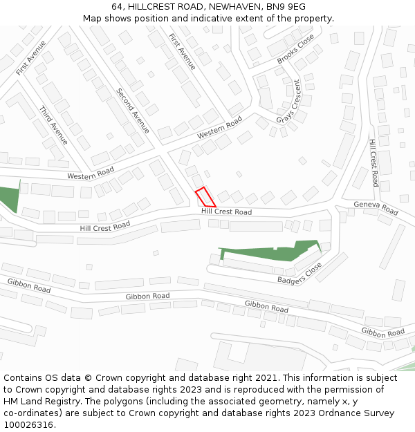 64, HILLCREST ROAD, NEWHAVEN, BN9 9EG: Location map and indicative extent of plot