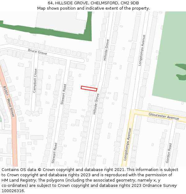 64, HILLSIDE GROVE, CHELMSFORD, CM2 9DB: Location map and indicative extent of plot