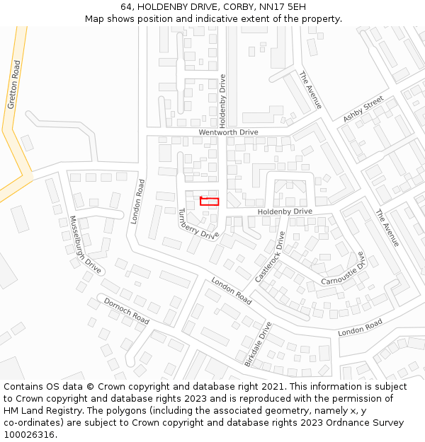 64, HOLDENBY DRIVE, CORBY, NN17 5EH: Location map and indicative extent of plot