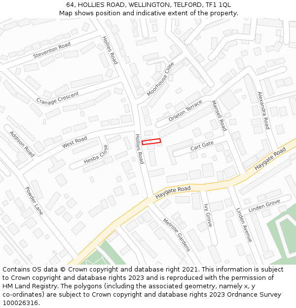 64, HOLLIES ROAD, WELLINGTON, TELFORD, TF1 1QL: Location map and indicative extent of plot