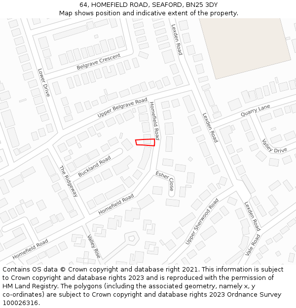 64, HOMEFIELD ROAD, SEAFORD, BN25 3DY: Location map and indicative extent of plot