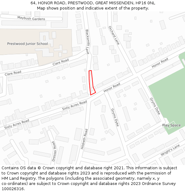 64, HONOR ROAD, PRESTWOOD, GREAT MISSENDEN, HP16 0NL: Location map and indicative extent of plot