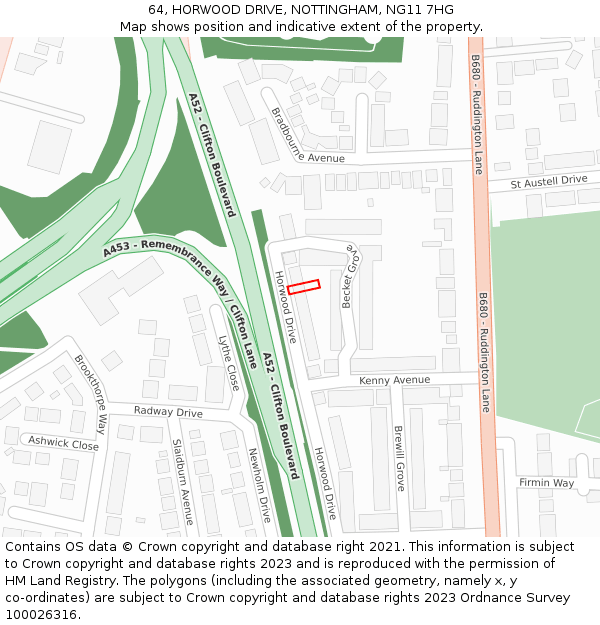 64, HORWOOD DRIVE, NOTTINGHAM, NG11 7HG: Location map and indicative extent of plot