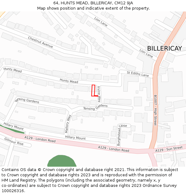 64, HUNTS MEAD, BILLERICAY, CM12 9JA: Location map and indicative extent of plot