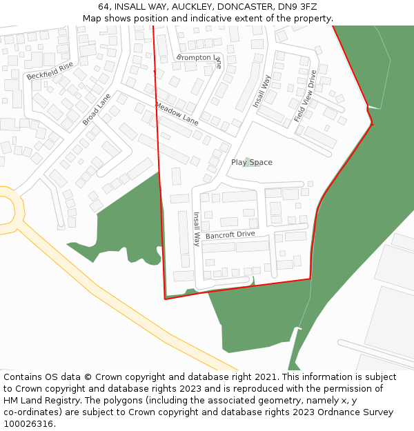 64, INSALL WAY, AUCKLEY, DONCASTER, DN9 3FZ: Location map and indicative extent of plot