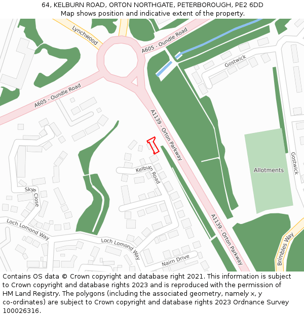 64, KELBURN ROAD, ORTON NORTHGATE, PETERBOROUGH, PE2 6DD: Location map and indicative extent of plot