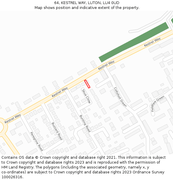 64, KESTREL WAY, LUTON, LU4 0UD: Location map and indicative extent of plot