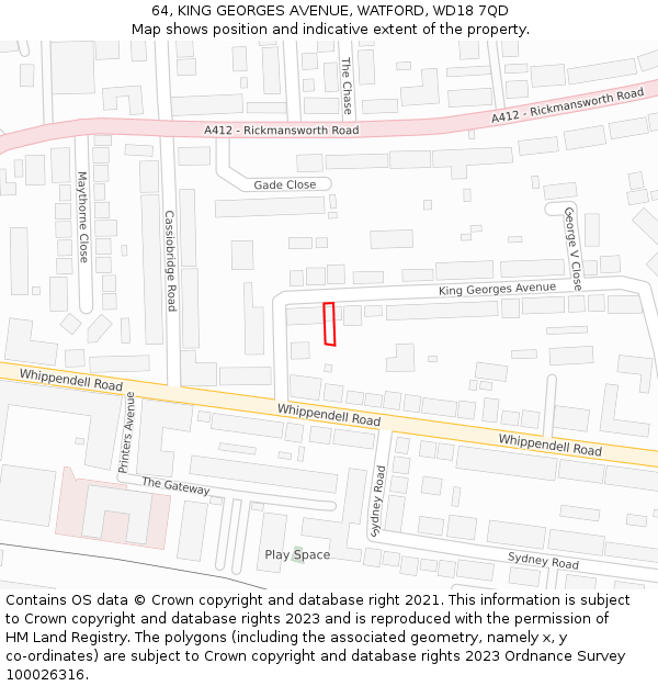 64, KING GEORGES AVENUE, WATFORD, WD18 7QD: Location map and indicative extent of plot