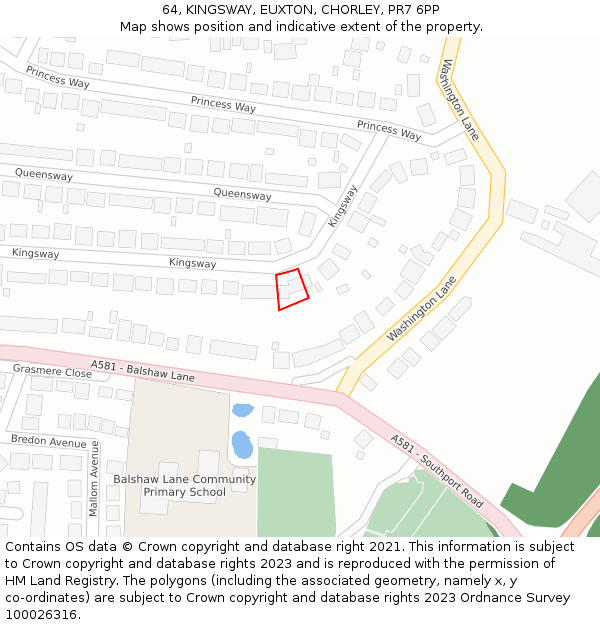 64, KINGSWAY, EUXTON, CHORLEY, PR7 6PP: Location map and indicative extent of plot